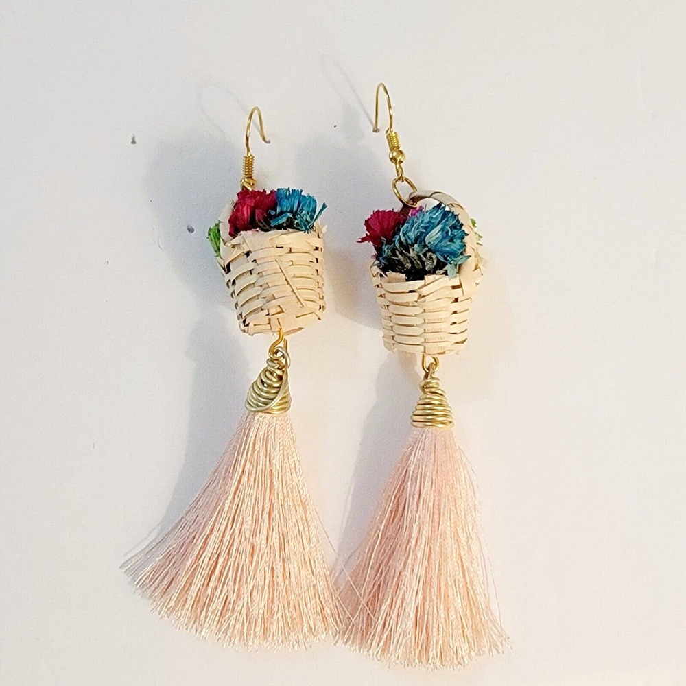 Boho Statement Earrings Tassels Handmade Hand Painted Baskets Mexican Folk Art